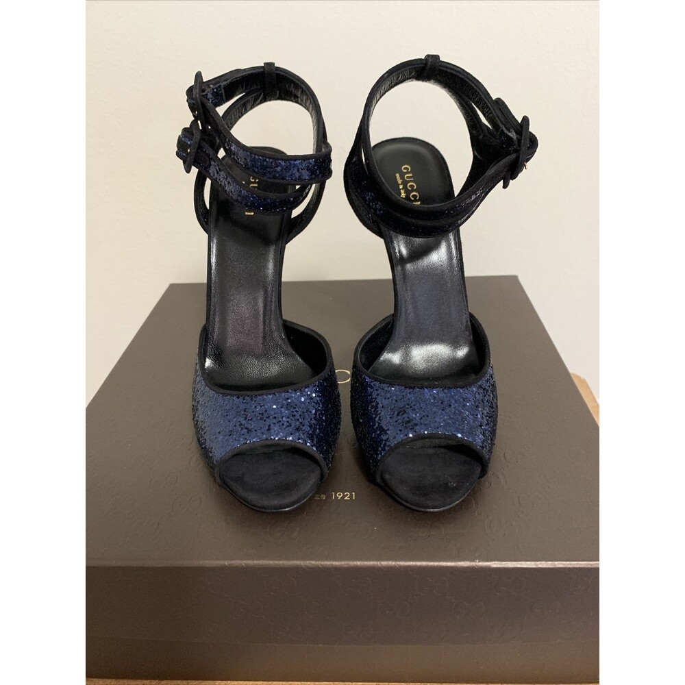 New Gucci Blue Sparkling Glitter Suede Ankle Strap Heel Sandal Size 38 - Picture 2 of 8